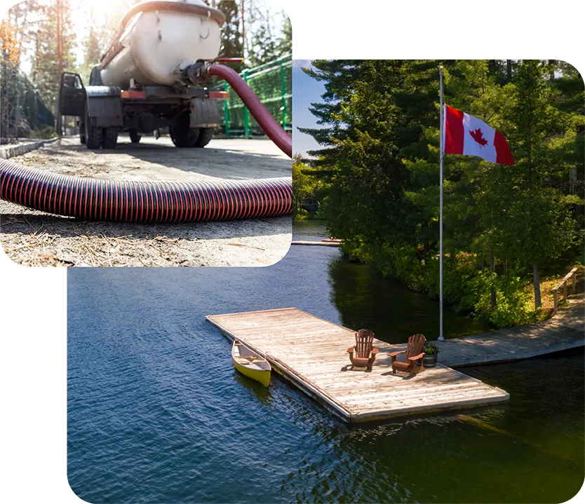 A Septic Pumping truck and a scene from on a Muskoka lake.